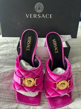 Versace Hot Pink Quilted Velvet Medusa Slide Mules with Gold Emblem